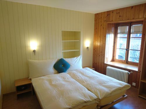 Saint-Saphorin多梅因布里浓酒店的一间卧室配有一张带蓝色枕头的床