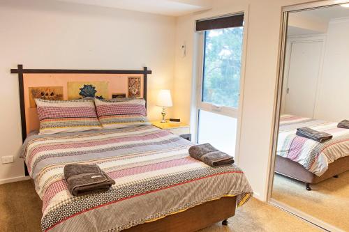 堪培拉万伊凯德公寓酒店的一间卧室配有一张大床和镜子