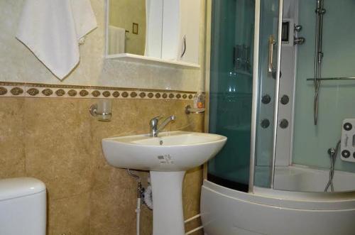 尼古拉耶夫Затишна квартира у самому центрі , на Соборній的一间带水槽、淋浴和卫生间的浴室