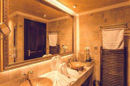因德日赫城堡Hotel Florian Palace的浴室设有镜子,内有两只天鹅