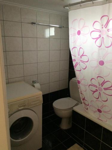 尼亚普拉莫斯Stathoris Deluxe Apartment的浴室设有卫生间和鲜花淋浴帘