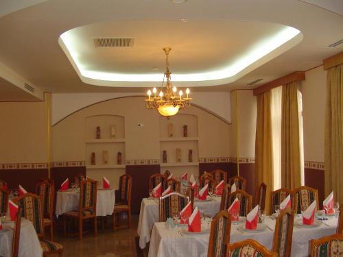 普洛耶什蒂欧洲酒店的用餐室配有桌椅和红色餐巾
