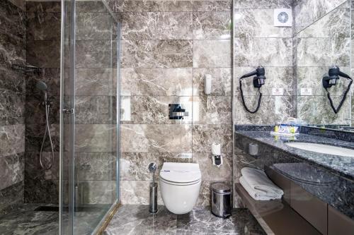 安卡拉Hotel 2000 Kavaklıdere的浴室配有卫生间、淋浴和盥洗盆。