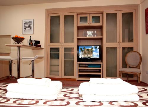 拉纳卡Ithaki Phinikoudes Apartment 307的客厅配有2张白色沙发和电视
