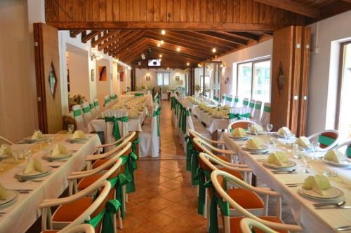 察津Motel Stovrela的用餐室配有白色的桌子和绿色的椅子