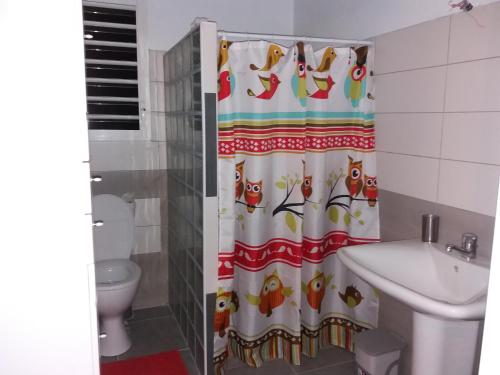 拉芒坦Villa Bananier的浴室设有淋浴帘,上面有鸟儿