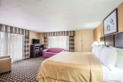 伯灵顿南伯灵顿旅程住宿的酒店客房,配有一张床和一张粉红色的椅子