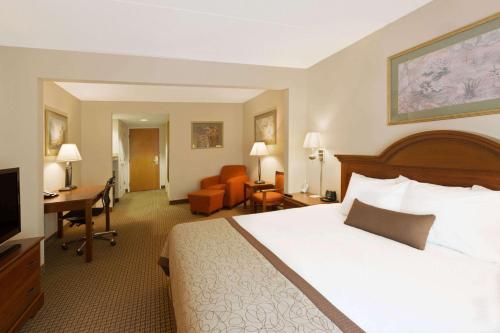 夏洛特温盖特温德姆夏洛特机场酒店的酒店客房设有一张大床和一张书桌。