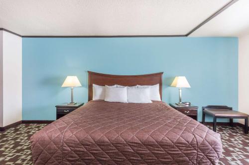 Daleville达利维利/罗阿诺克速8酒店的一间卧室配有一张带蓝色墙壁的床和两盏灯。