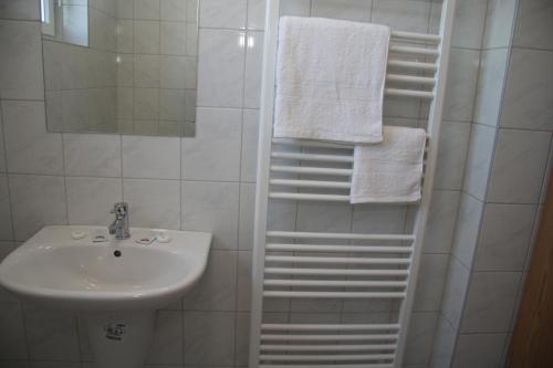 Gyömrő猫头鹰酒店的浴室配有盥洗盆、淋浴和毛巾