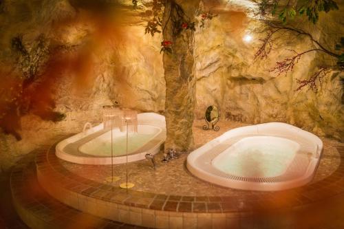 布拉伊埃斯Hotel Edelweiss的一间带浴缸的浴室(位于洞穴内)