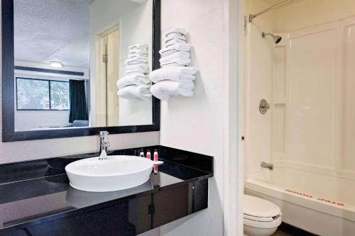 亚特兰大旅程住宿 - 学院公园酒店的一间带水槽、卫生间和镜子的浴室