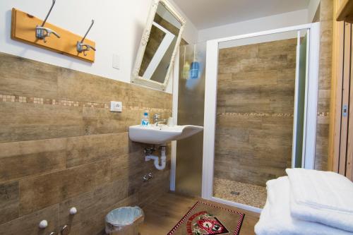 斯基尔帕里奥Olimpic Hostel的一间带水槽和淋浴的浴室
