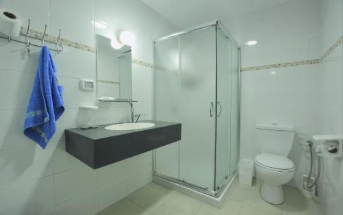 伯利恒Herodion Hotel-Bethlehem的一间带玻璃淋浴和卫生间的浴室