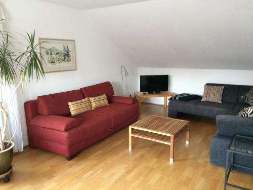 康斯坦茨Konstanz-Wallhausen的客厅配有红色的沙发和桌子