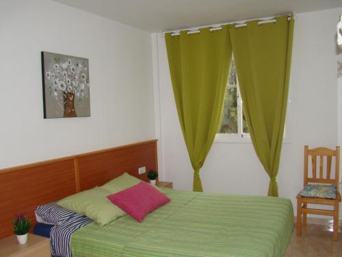 萨洛Apartamento Cap de Salou的一间卧室设有一张绿色的床和一个窗户。