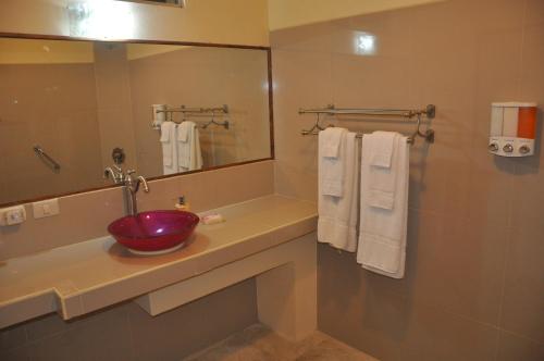 San JerónimoMountain Lodge CheTica的浴室配有盥洗盆、镜子和毛巾