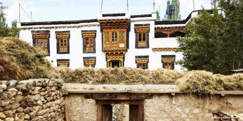 NimuNimmu House Ladakh的白色的建筑,有窗户,有干草的墙壁