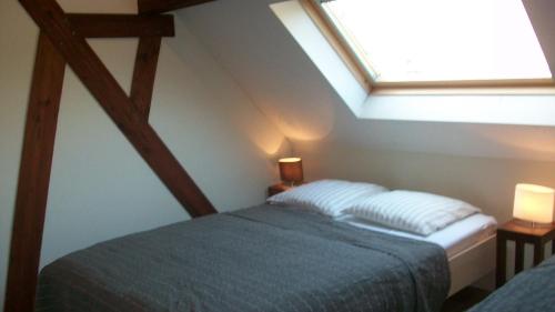 富伦'tMaelhof的阁楼卧室配有床和天窗
