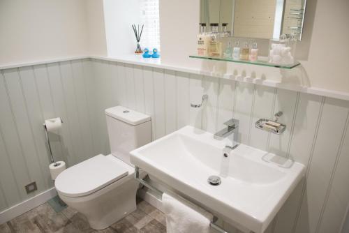 South BrentThe Turtley Corn Mill的白色的浴室设有卫生间和水槽。