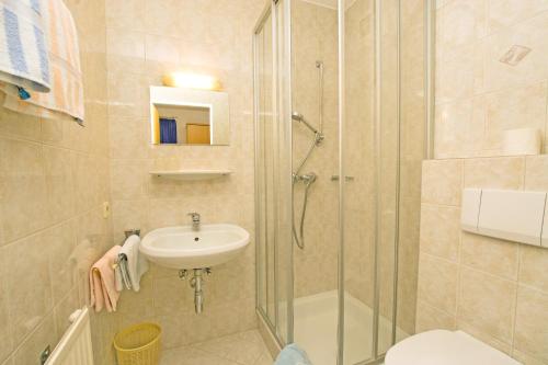 蓬高地区埃本Haus Gsenger的带淋浴、盥洗盆和卫生间的浴室