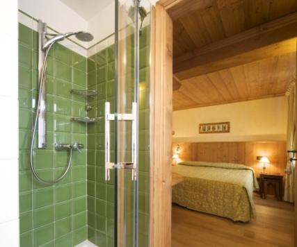 库马约尔巨人之齿酒店的带淋浴的浴室和客房内的一张床