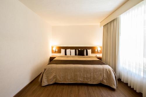 Actopan金塔里维拉酒店的一间卧室设有一张床和一个大窗户
