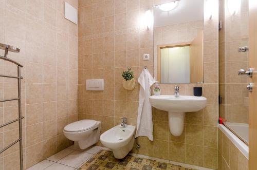 布达佩斯Sweet Home at the Danube with wellness的一间带水槽、卫生间和镜子的浴室
