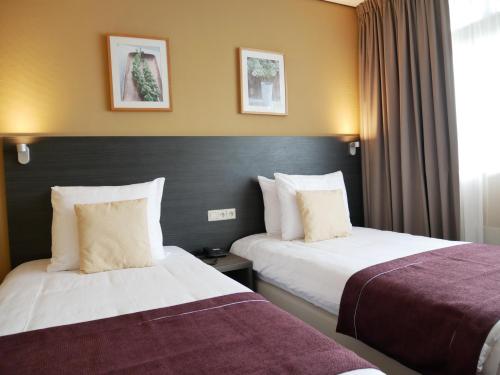 莱茵河畔阿尔芬东方酒店的酒店客房设有两张床和窗户。