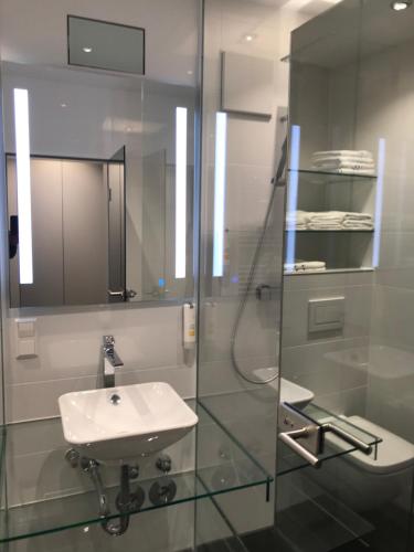 巴特克罗伊茨纳赫Luxus-Appartement im Herzen der Stadt的一间带水槽和玻璃淋浴的浴室