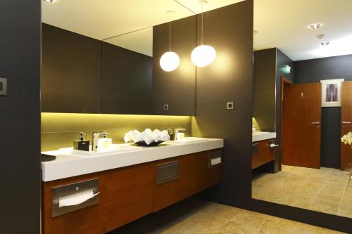 尼特拉米卡多酒店的一间带两个盥洗盆和大镜子的浴室