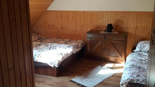 特尔乔夫Chalupa JANINA的一间卧室配有一张床和一个带灯的梳妆台