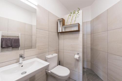 布拉迪斯拉发Barok Hotel and Apartments的白色的浴室设有卫生间和水槽。