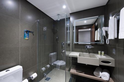 伊达贾伊Novotel Itajai的带淋浴、盥洗盆和镜子的浴室