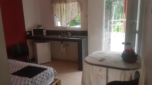 圣安德烈斯Posada Nativa Trinsan Centro的小房间设有水槽和一张桌子及一张床