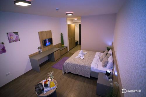 比哈奇Motel Kamenica的一间酒店客房,配有一张床和一台电视
