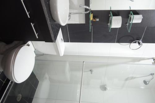 阿劳卡Hotel Quinta del Sol的白色的浴室设有卫生间和水槽。