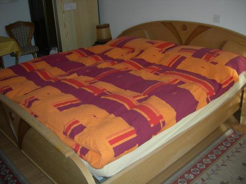 达沃斯Privatzimmer Erika Fasler的一张床上有橙色和紫色的毯子