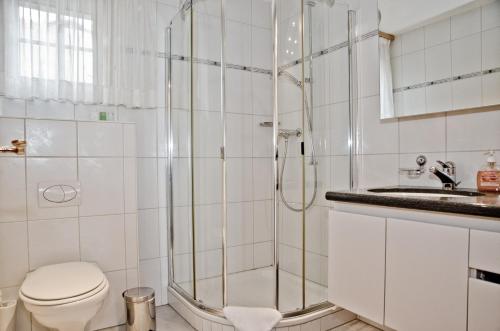 格林德尔瓦尔德圣路易斯2.5公寓 - 格林瓦租赁股份有限公司的带淋浴、卫生间和盥洗盆的浴室