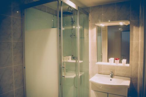 沙托鲁莫里斯餐厅酒店的一间带玻璃淋浴和水槽的浴室