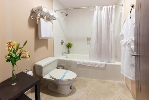 基多Fenix Hotel的白色的浴室设有卫生间和浴缸。