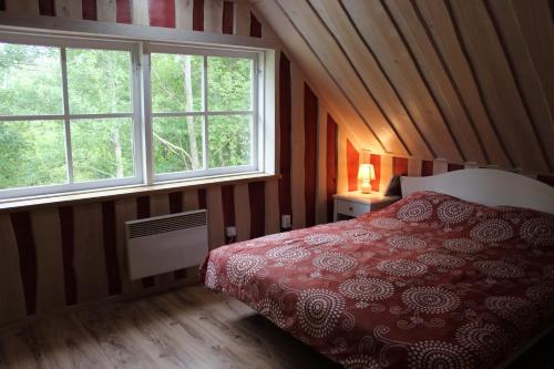 PerakülaRannapera的一间卧室设有红色的床和2个窗户。