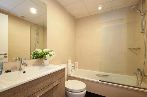 格拉纳达Atico Be suite Granada的一间带水槽、浴缸和卫生间的浴室