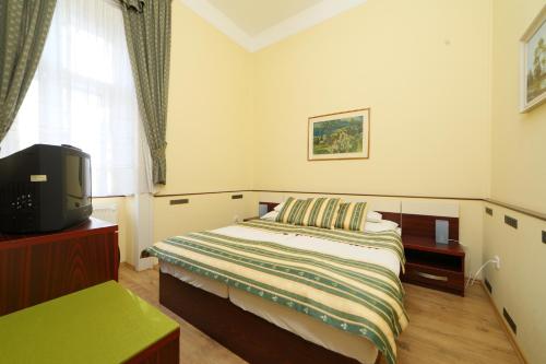 巴拉顿菲赖德巴拉哈鲁泽酒店的一间卧室设有一张床、一台电视和一个窗口。