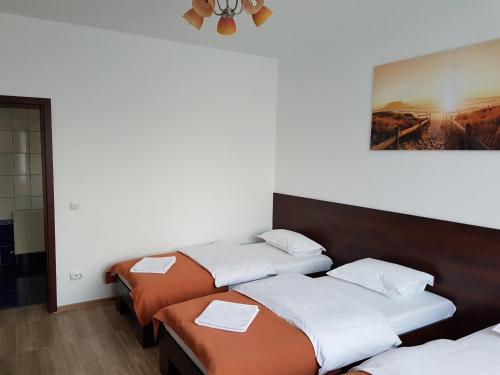 蒂米什瓦拉亚斯敏旅馆的客房设有三张床和吊扇。