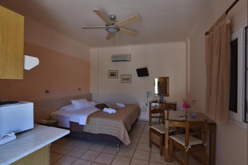 埃尔莫波利斯萨里斯星球公寓的酒店客房配有一张床和吊扇。