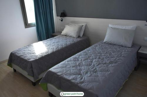 弗隆塔多斯Green Point Home Chios的一间卧室设有两张床和窗户。