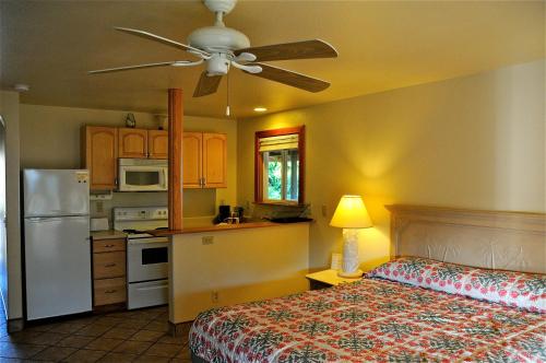 Waimea西考艾岛酒店的一间卧室配有一张床,厨房配有吊扇