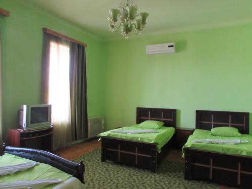 库塔伊西Guest House Nona的绿色客房配有两张床和电视。