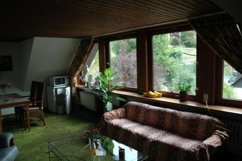 伦讷施塔特Gasthof Holländer Eck的带沙发的客厅和部分窗户。